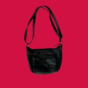 Women's Black Faux Leather Shoulder Bag Small Handbag Lined Pockets Zipper